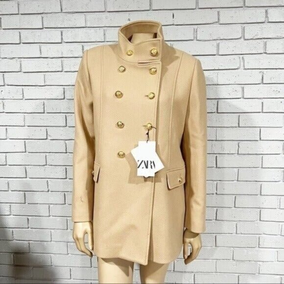 Zara Wool‑Blend Double‑Breasted‎ Coat w/ Gold Buttons - Size XL